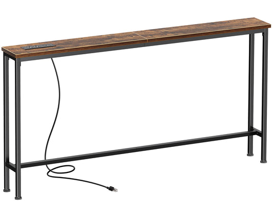 Narrow Behind Couch Table, 51.2 Inch, Rustic Brown with Outlets
