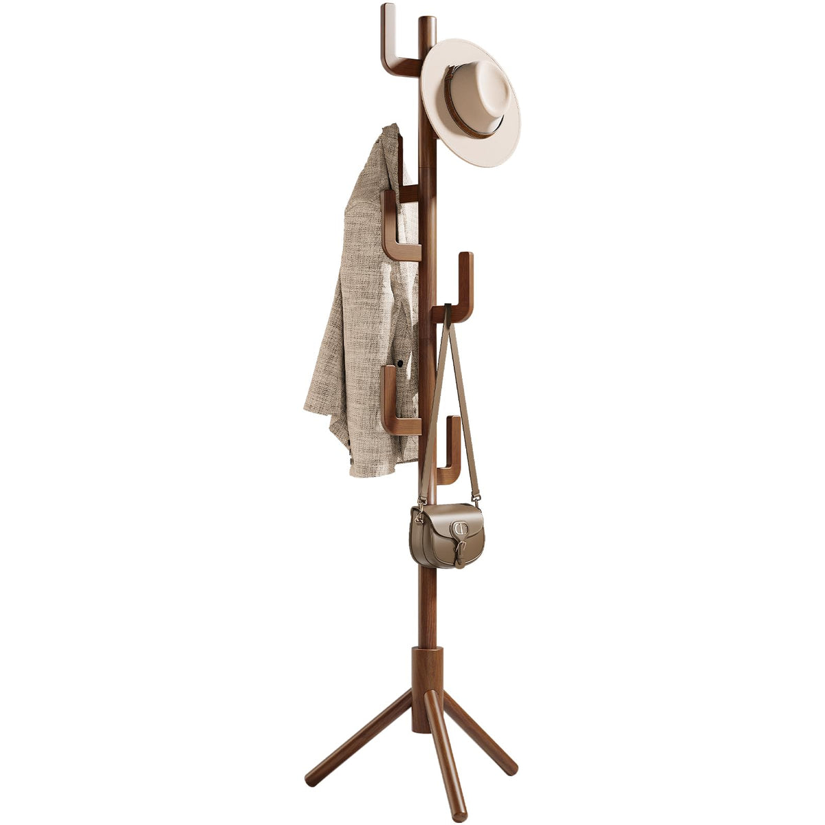 Solid Wood Cactus Coat Tree with 8 Hooks, Freestanding, 3 Adjustable Sizes