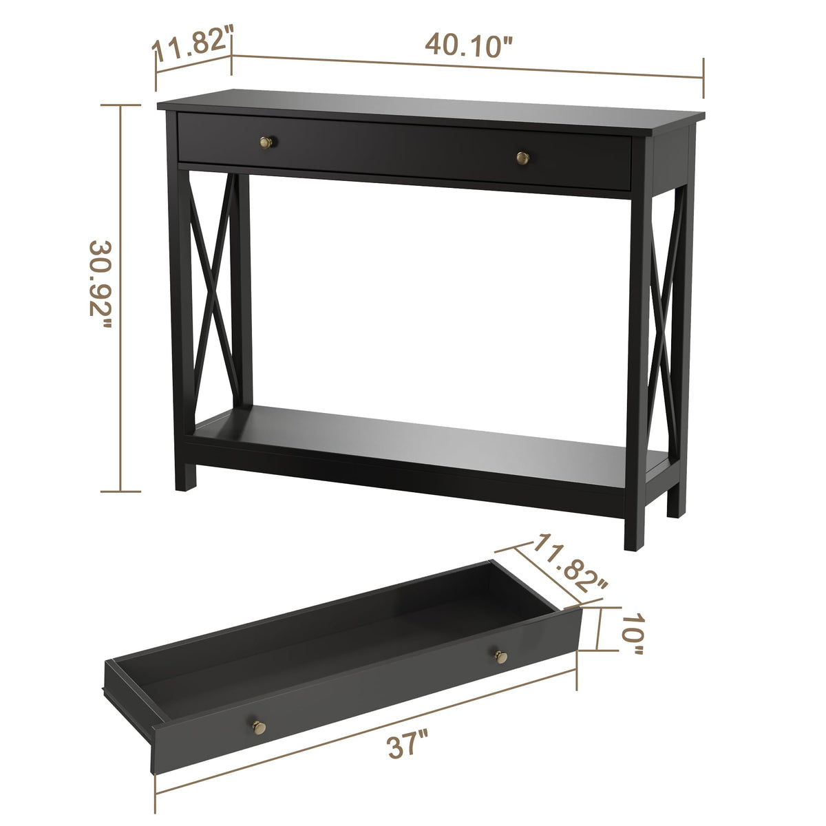 Black Narrow Console Table with Drawer and Bottom Shelf, 40 Inch