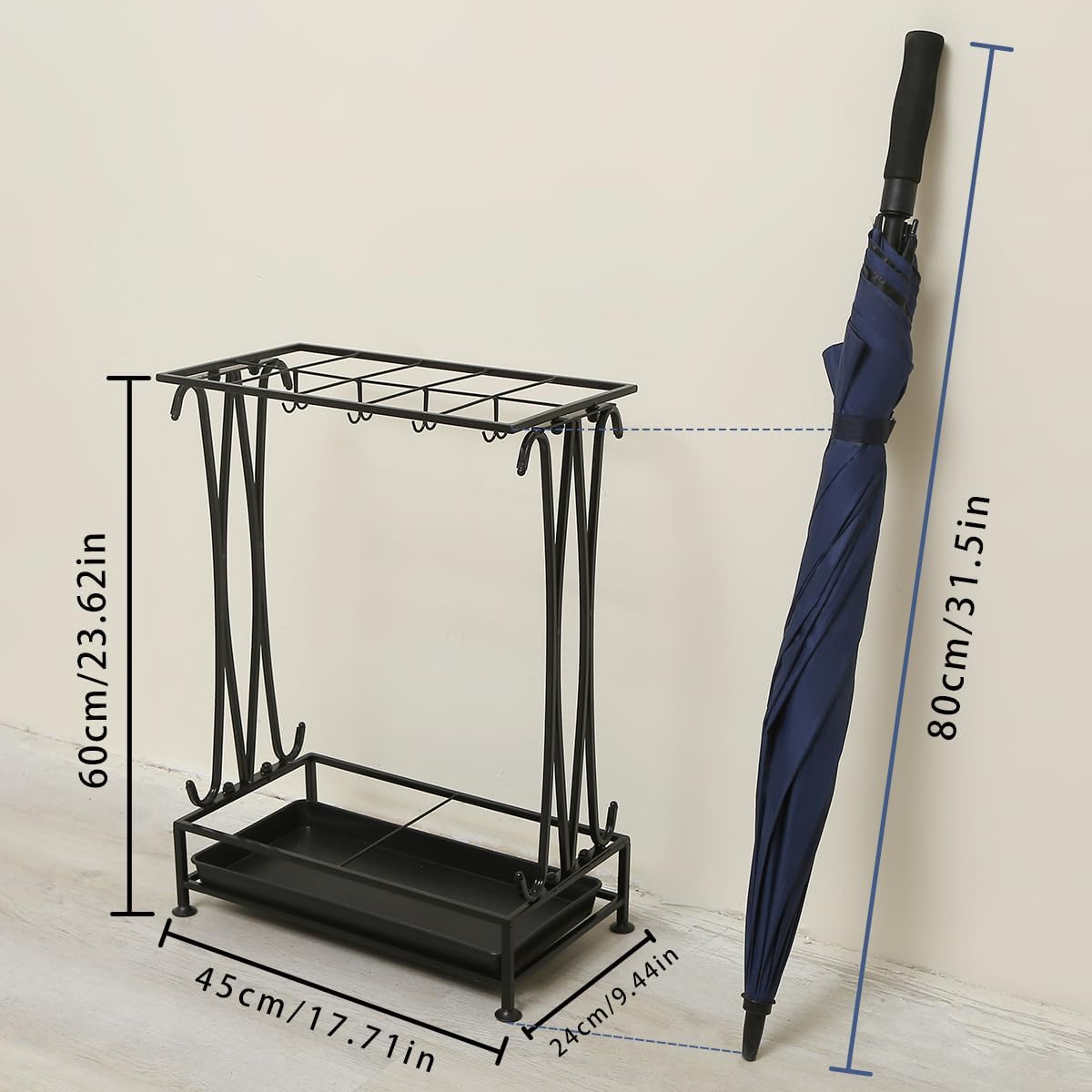 Umbrella Stand with 10 Slots and 8 Hooks, Black Metal with Drip Tray