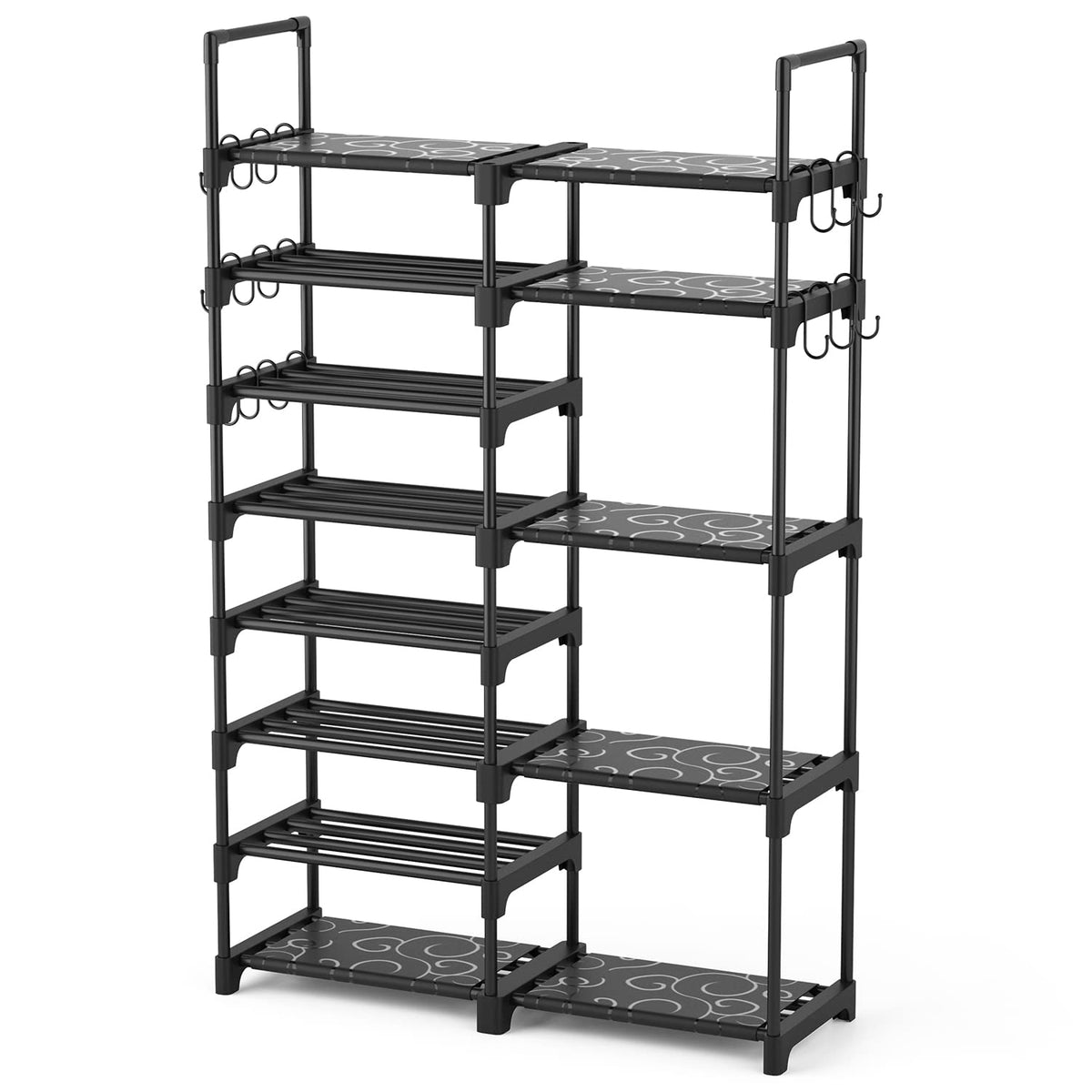 8-Tier Metal Shoe Rack for 26-32 Pairs with 15 Hooks, Tall Stackable Shoe Shelf