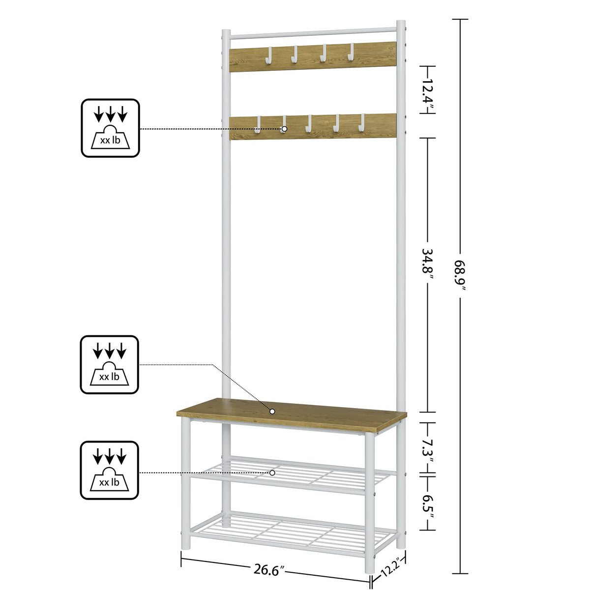 3-in-1 Hall Tree with Bench, Shoe Shelves and 9 Movable Hooks, White
