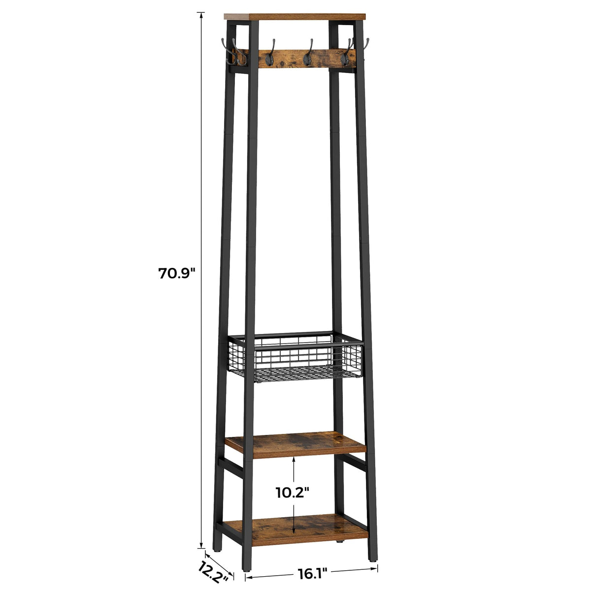 Freestanding Coat Rack with Metal Basket, 2 Shelves and 7 Hooks