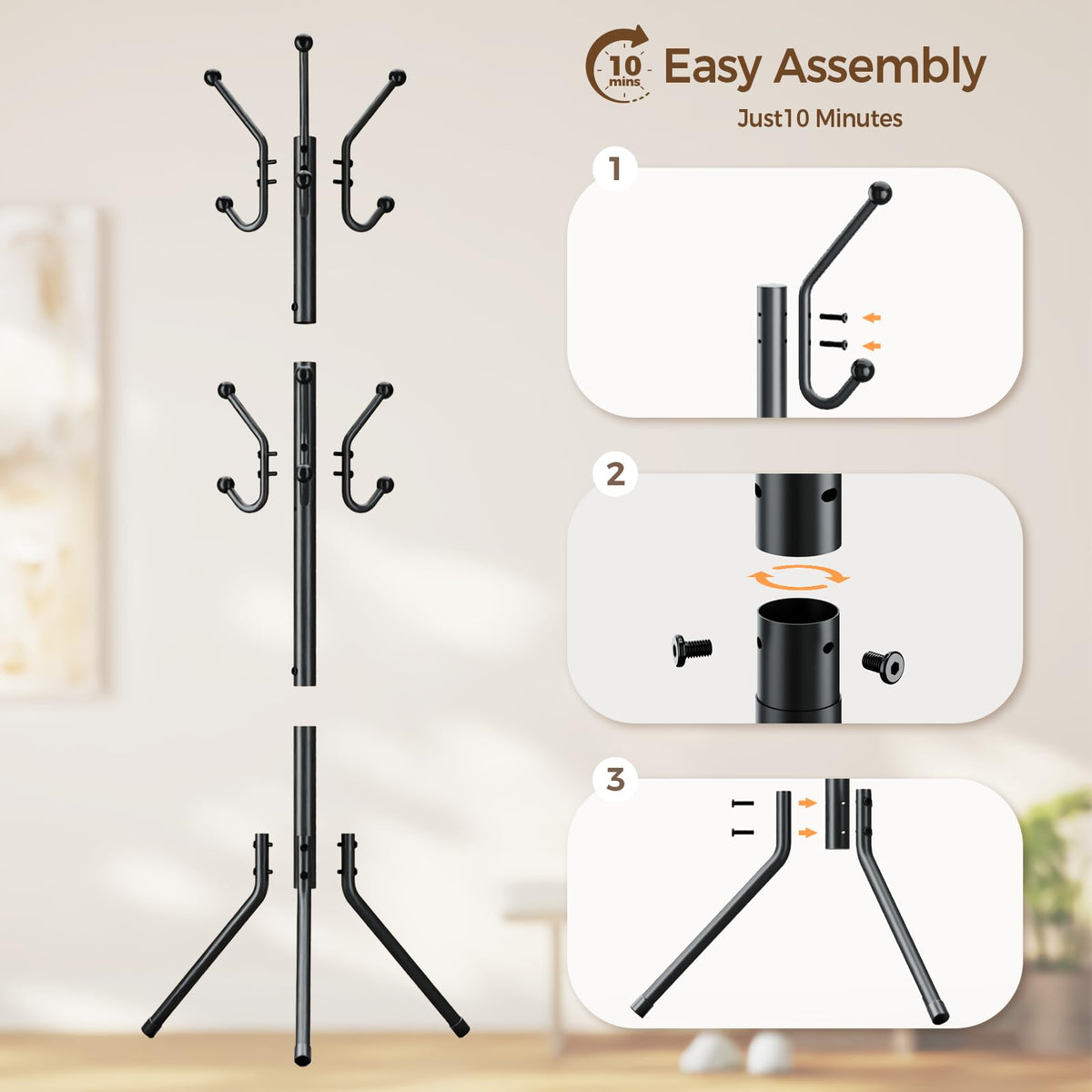 Freestanding Metal Coat Tree with 12 Hooks, Entryway Coat Rack for Coats & Hats