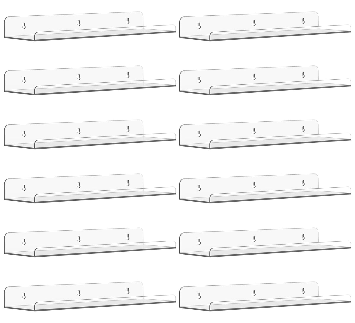 Clear Floating Display Shelves, 15 Inch, 12 Pack, with Front Lip