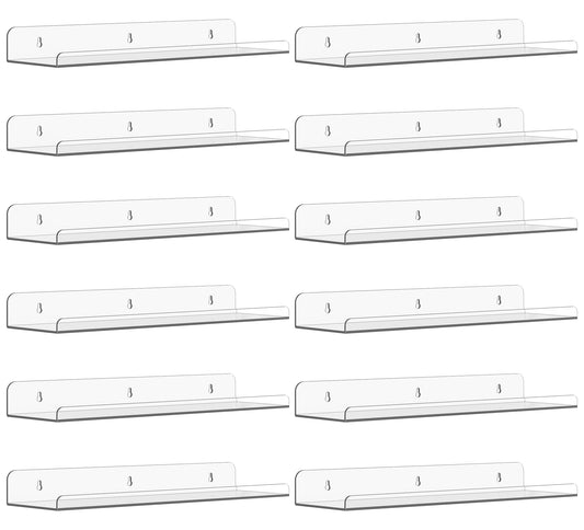 Clear Floating Display Shelves, 15 Inch, 12 Pack, with Front Lip
