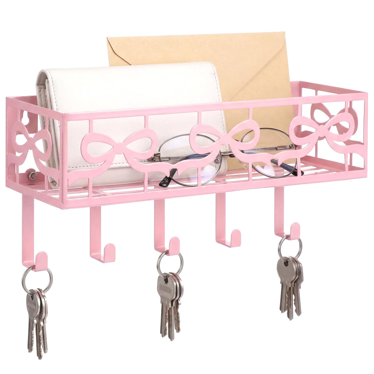 Pink Bow Wall Key Holder with Mail Basket and Hooks, Metal
