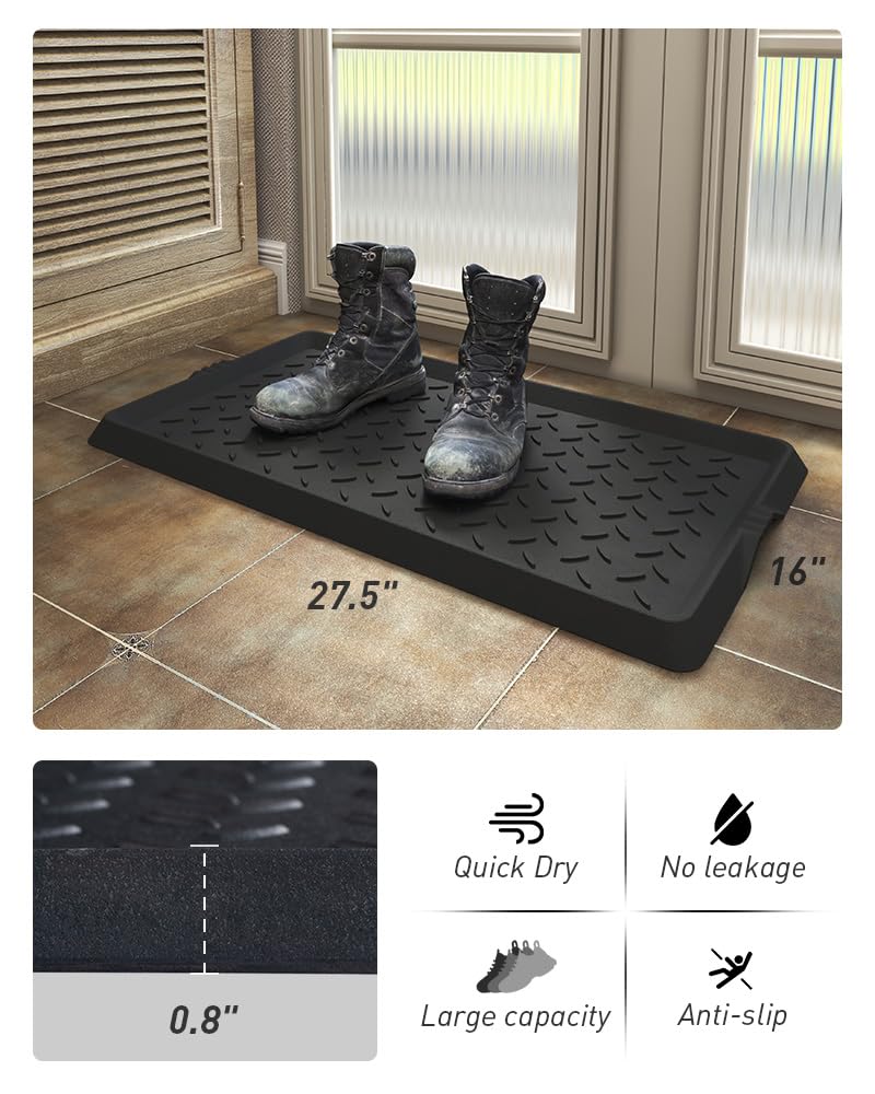 Rubber Boot Tray with Raised Lip, 16 x 27.5 Inch Waterproof Entryway Shoe Mat