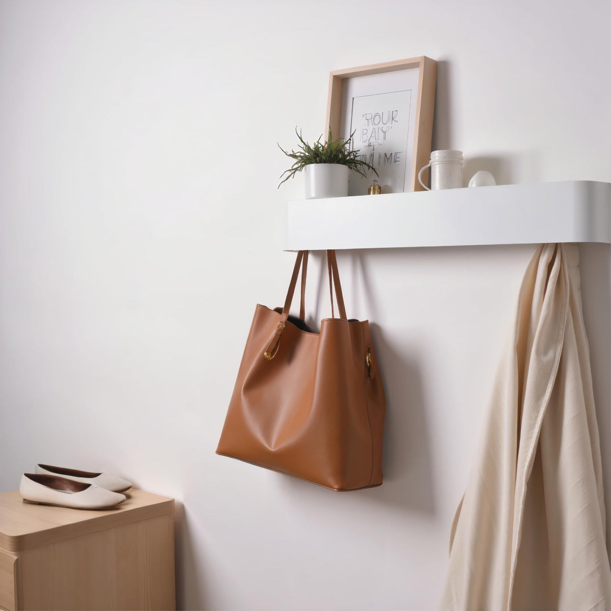 Modern White Steel Coat Rack with Shelf, 5 Hooks Wall Mount