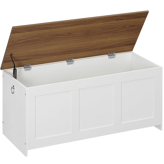 Lift Top Storage Bench, 39.3 Inch Wood Chest, White and Walnut