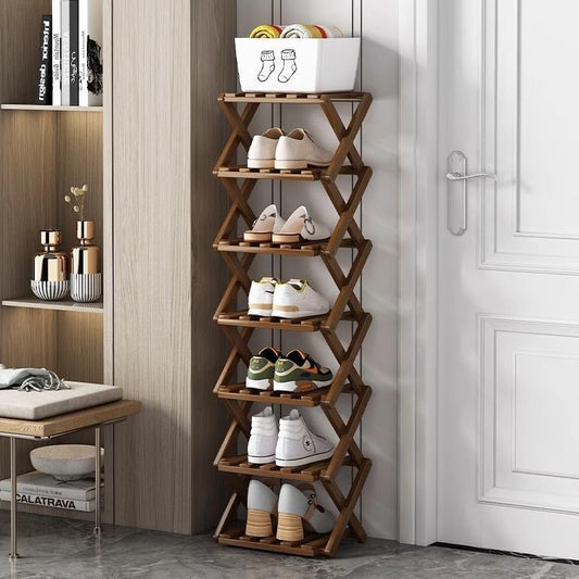 7 Tier Folding Shoe Shelf, Bamboo, Brown, Tall and Narrow