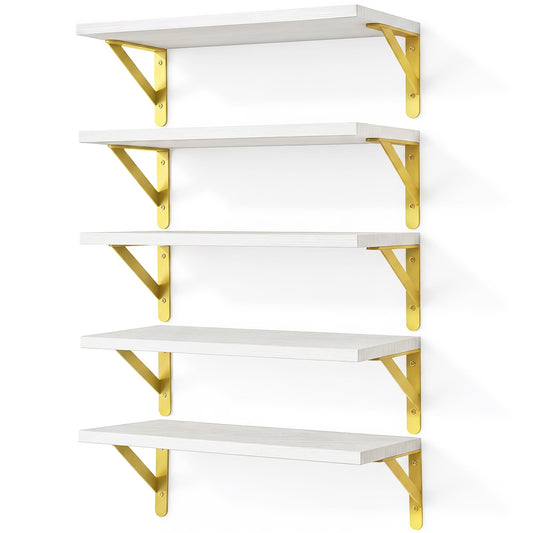 White Wood Floating Shelves, Set of 5, 16.5 Inch with Metal Brackets