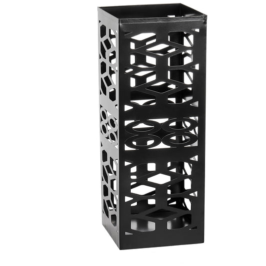 Square Metal Umbrella Stand with Floral Cutouts, Black, 15.7 Inch