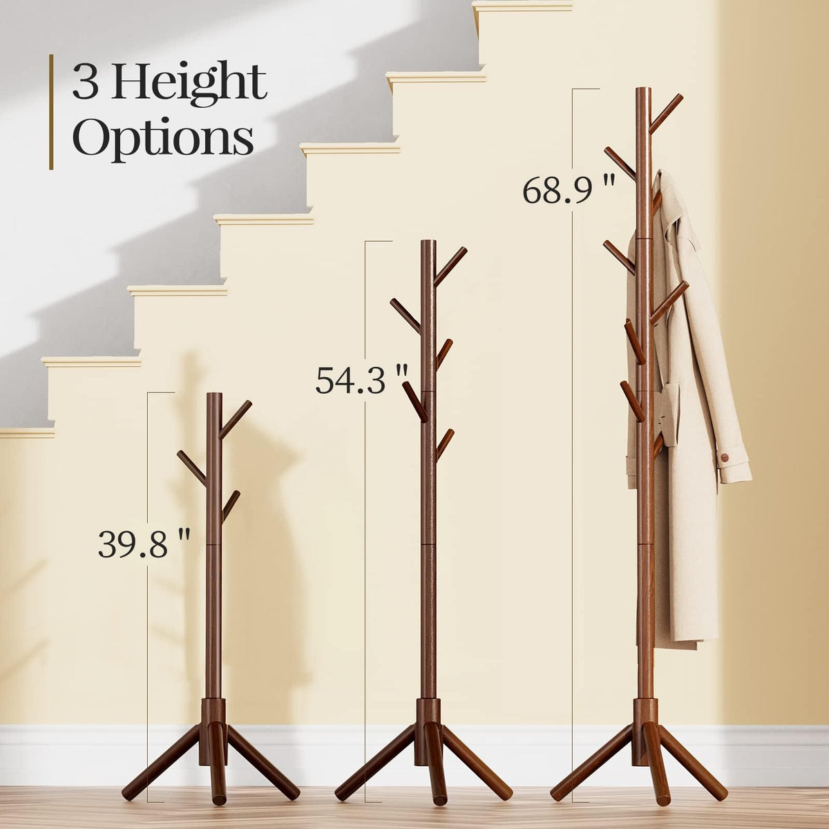 Freestanding Solid Wood Coat Rack with 8 Hooks for Coats, Hats and Bags, Brown