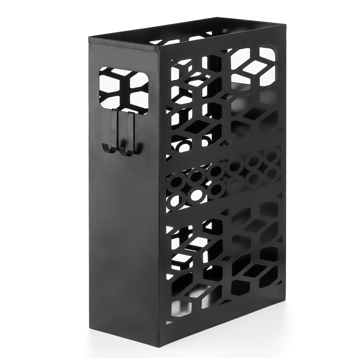 Rectangle Umbrella Holder with 2 Hooks, Floral Cutout, Black Metal
