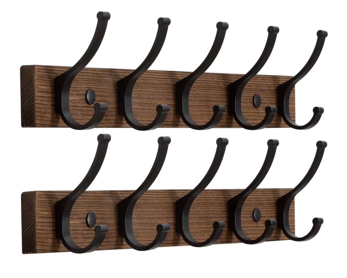 Wood Wall Coat Rack with 5 Hooks, 16.5 Inch Hook Rail for Coats, 2 Pack, Brown