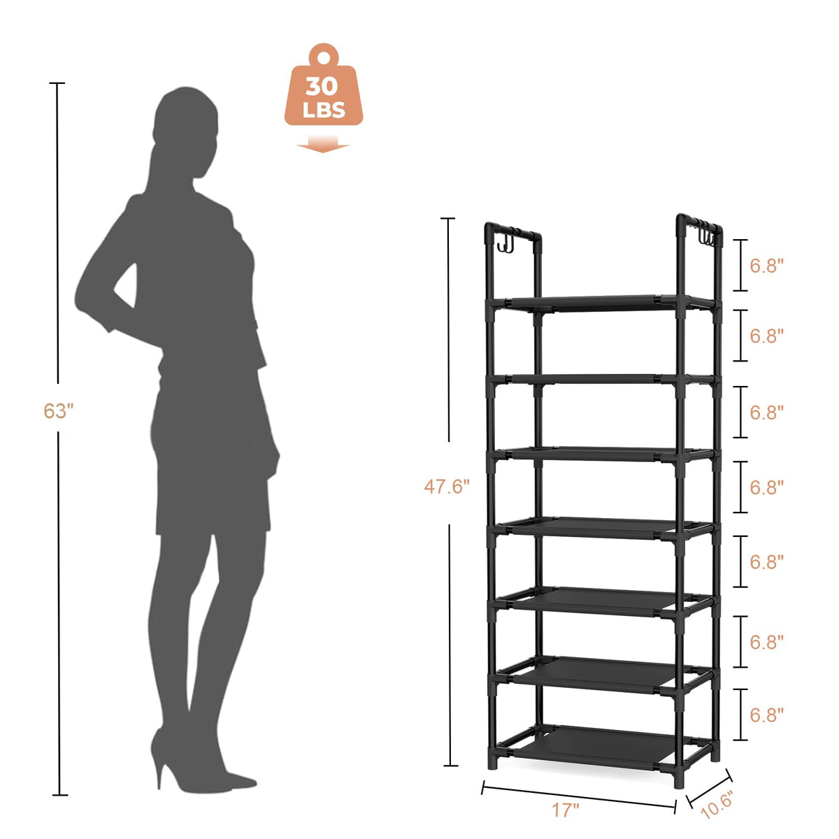 7 Tier Narrow Shoe Rack with Hooks, 17 Inch Wide Black Shoe Tower