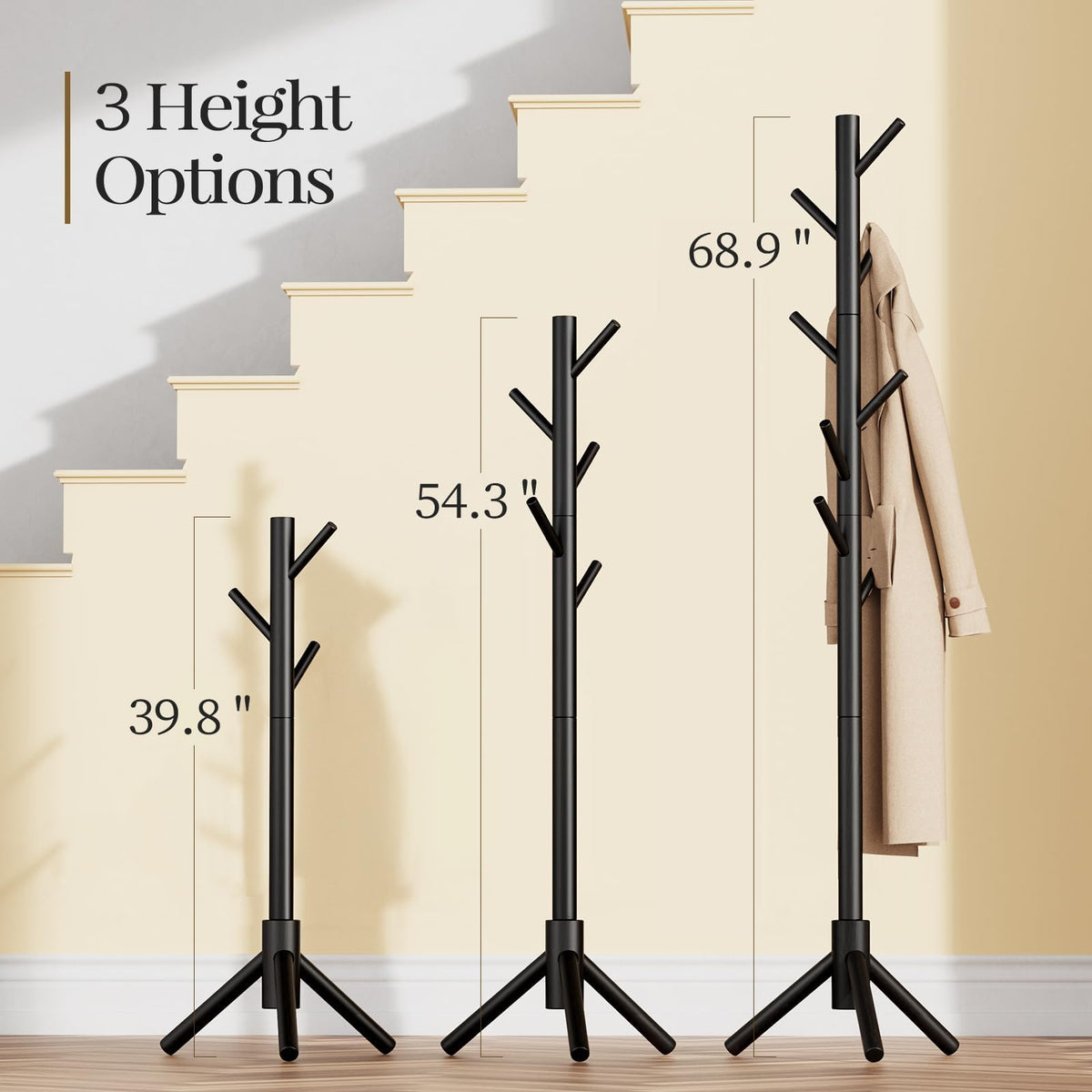 Solid Wood Standing Coat Rack, 8 Hooks, Adjustable Height, Black