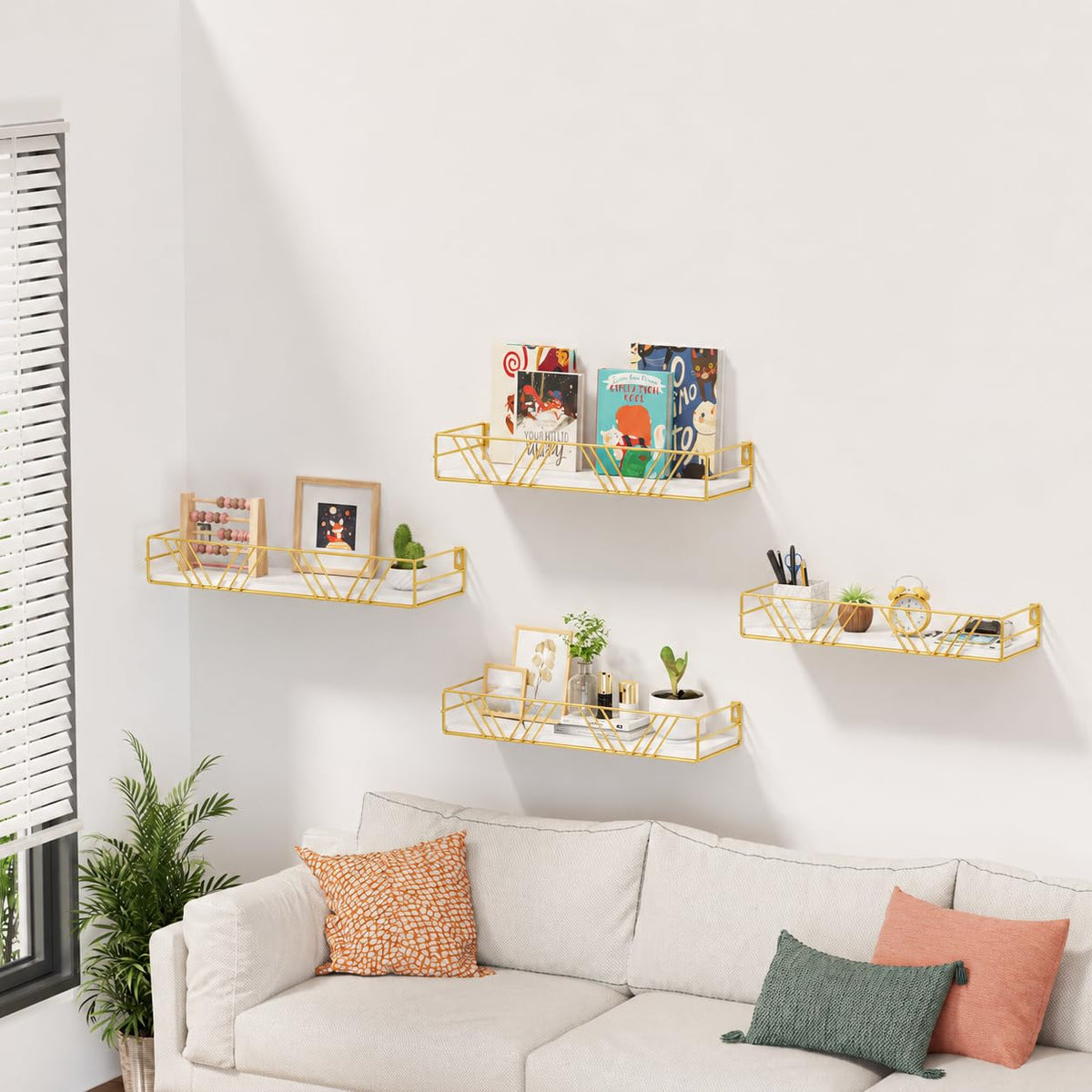 Wood Wall Shelves with Gold Metal Rails, 4 Pack Floating Shelf Set