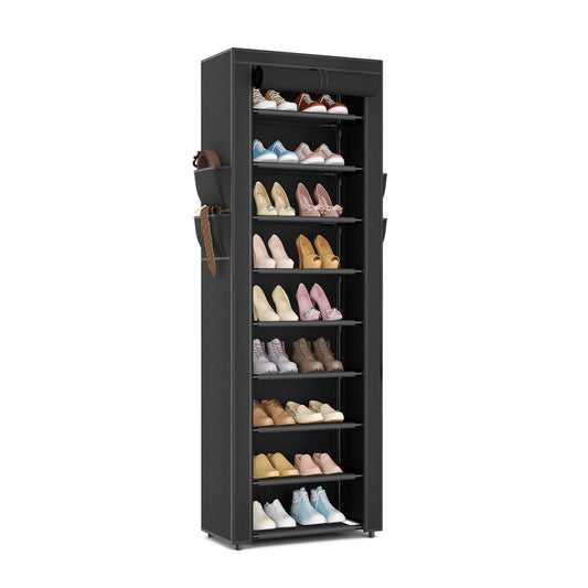 10 Tier Covered Shoe Rack, Holds 18-22 Pairs, Black Metal Frame