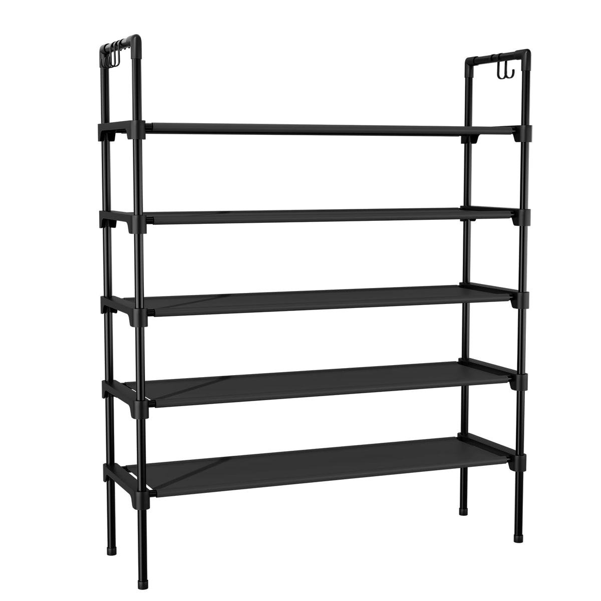 5 Tier Black Shoe Rack with 5 Side Hooks, 27.8 Inch Wide