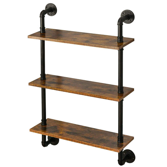 3 Tier Industrial Pipe Wall Shelf, Rustic Brown, 23.6 x 37.4 Inch