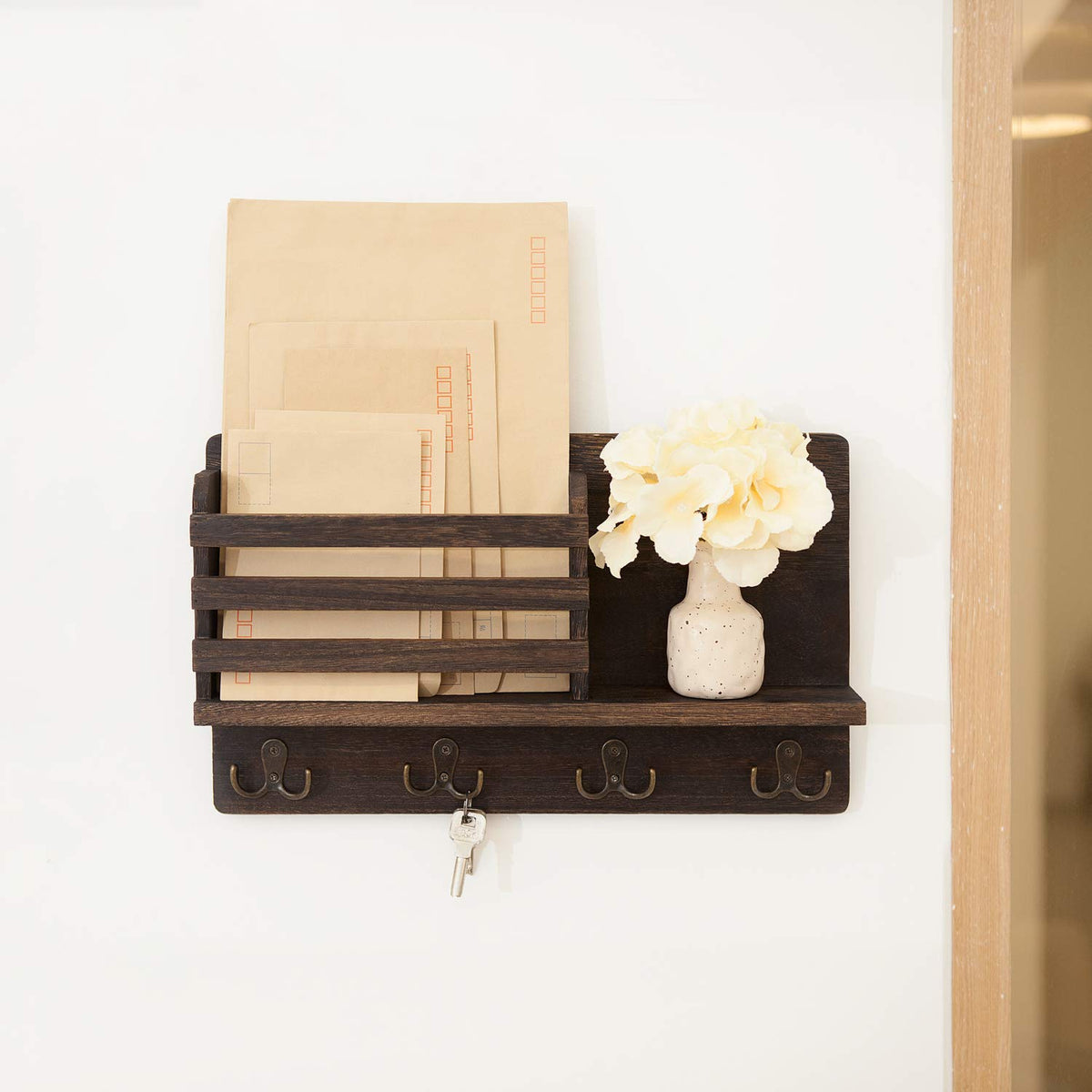 Rustic Wood Key and Mail Rack with 4 Double Hooks, Brown, 15.7 Inch
