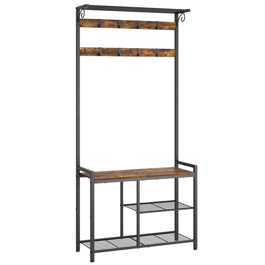 4-in-1 Hall Tree with Shoe Bench, 8 Movable Hooks and Hanging Rod, Rustic Brown