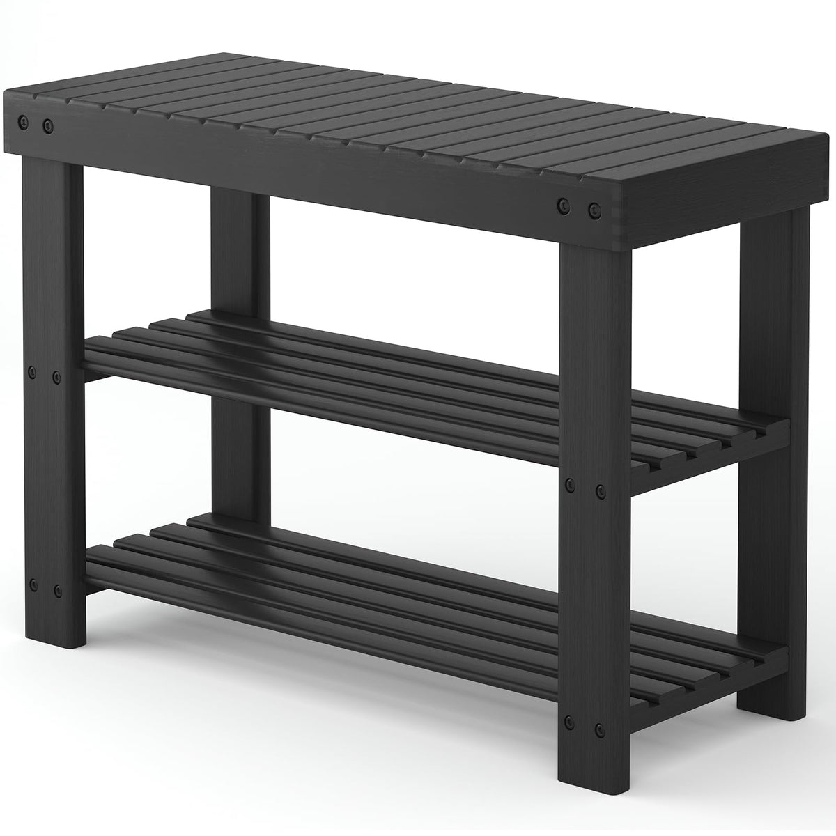 3 Tier Bamboo Entryway Bench, Black, 28 Inch Shoe Storage Seat