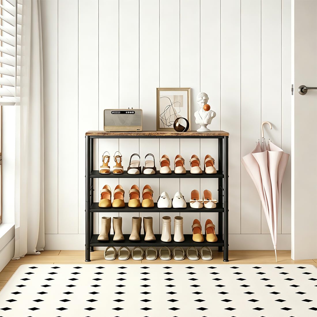 4-Tier Shoe Rack with MDF Board Top Shelf, Freestanding Shoe Storage Organizer