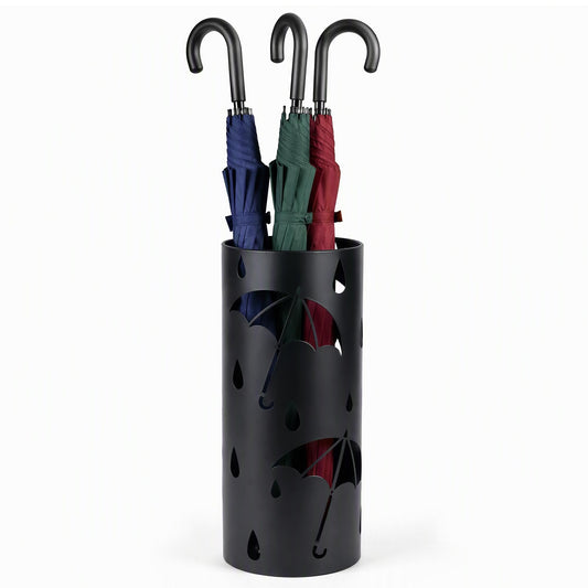 Round Black Iron Umbrella Stand with 3 Inner Hooks, 17 x 7 Inch
