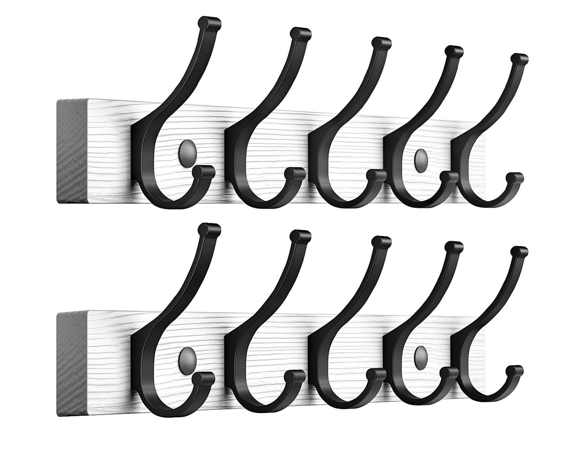 White Wood Wall Coat Racks, 2 Pack, 16.5 Inch with 5 Hooks Each