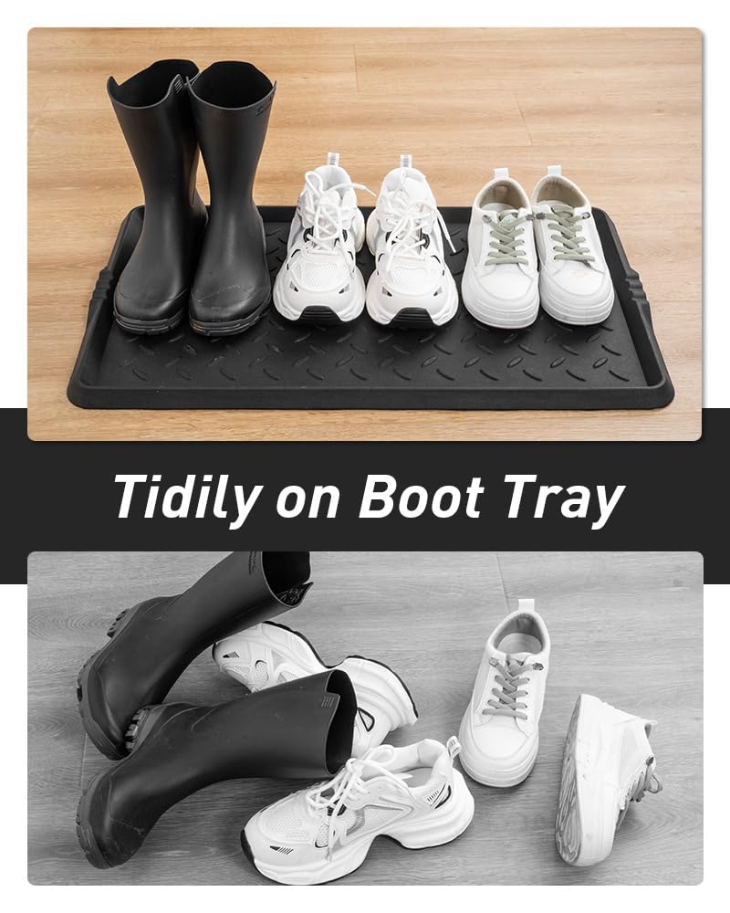 Rubber Boot Tray with Raised Lip, 16 x 27.5 Inch Waterproof Entryway Shoe Mat