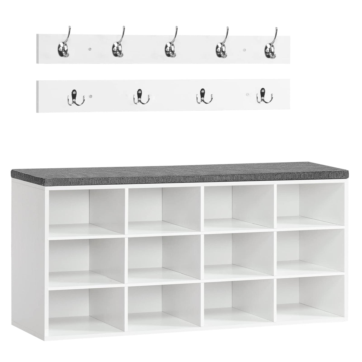 12 Cubby Shoe Bench with Padded Seat and Hooks, White and Gray
