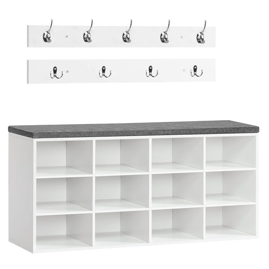 12 Cubby Shoe Bench with Padded Seat and Hooks, White and Gray