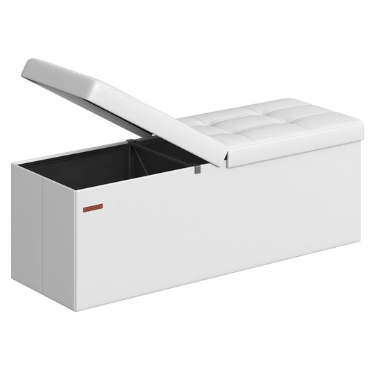 White Faux Leather Storage Ottoman with Flip Lid, 43 Inch Folding
