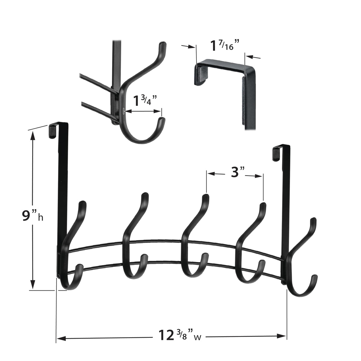 Over the Door Hook Rack, 10 Hooks, Black Steel with Foam Padding