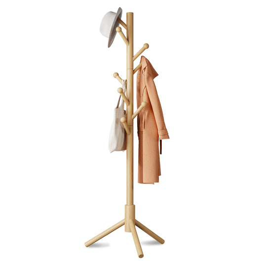 8 Hook Pine Wood Coat Tree, 3 Adjustable Heights, Natural