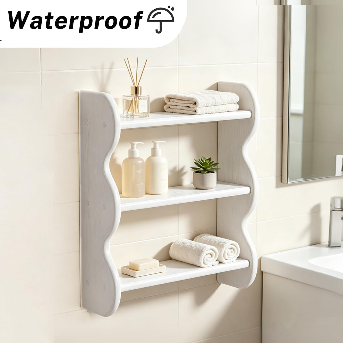 3 Tier Solid Wood Wall Shelf, 18.8 Inch, White Scalloped Design