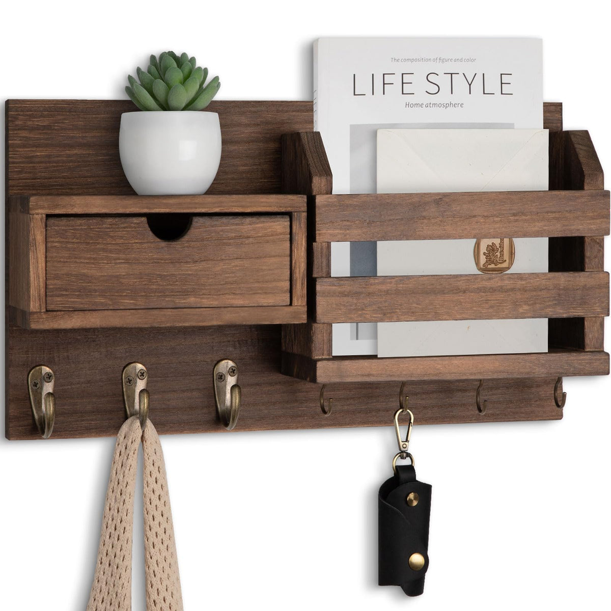 Wall Key Holder with Mail Slot and Drawer, 7 Hooks, Brown Wood