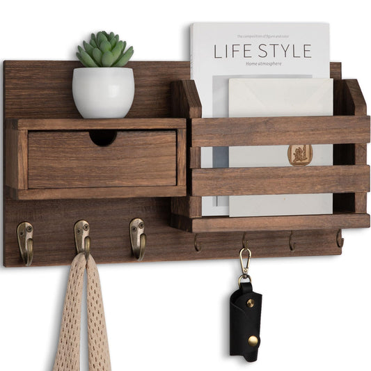 Wall Key Holder with Mail Slot and Drawer, 7 Hooks, Brown Wood