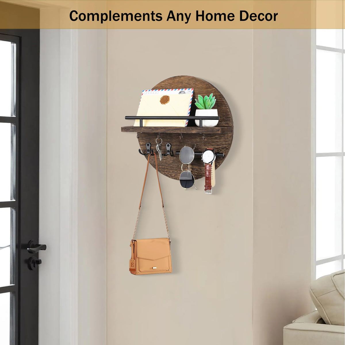 Brown Wall Key Holder with Mail Shelf and Hooks, Paulownia Wood