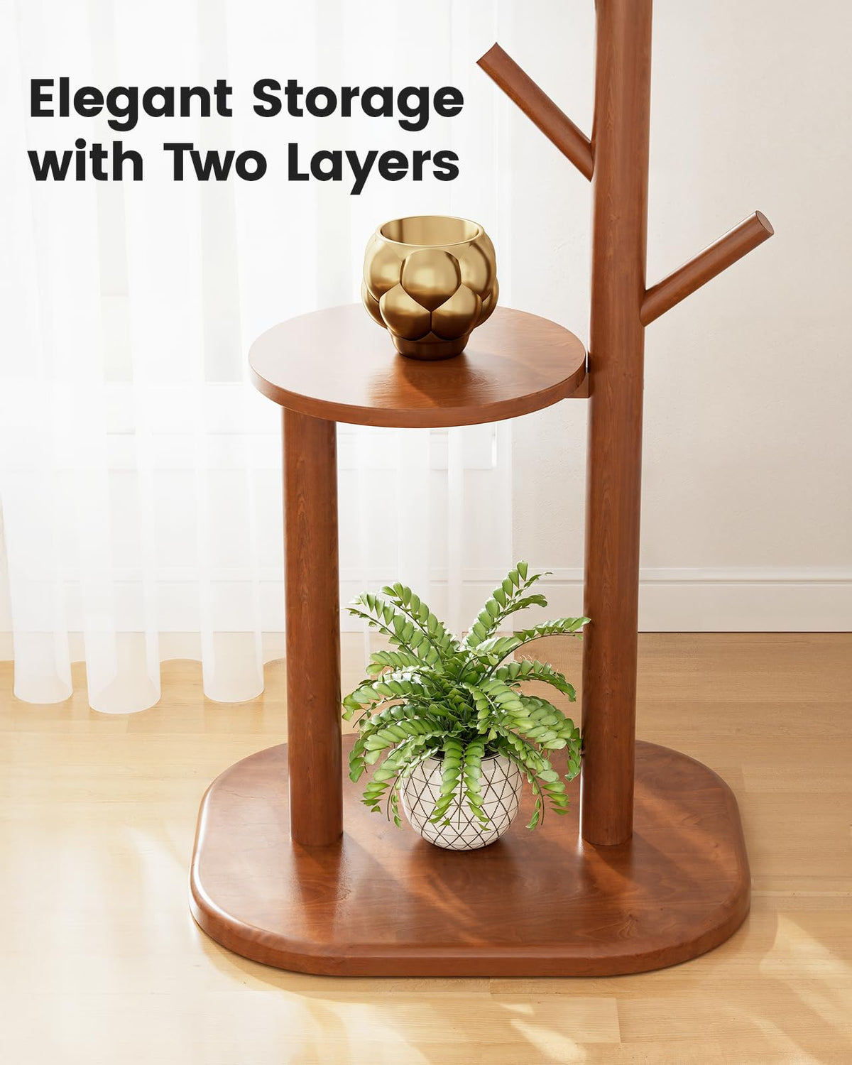 Solid Wood Coat Rack with Shelf and 8 Hooks, 66.3 Inch, Brown