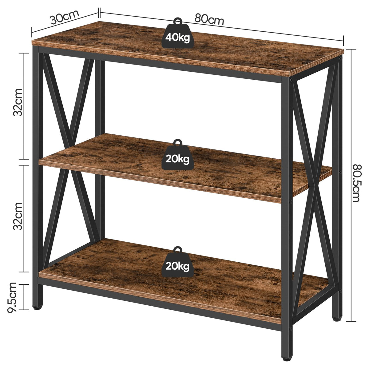 3 Tier Narrow Entryway Table, 31.5 Inch, Rustic Brown and Black Metal