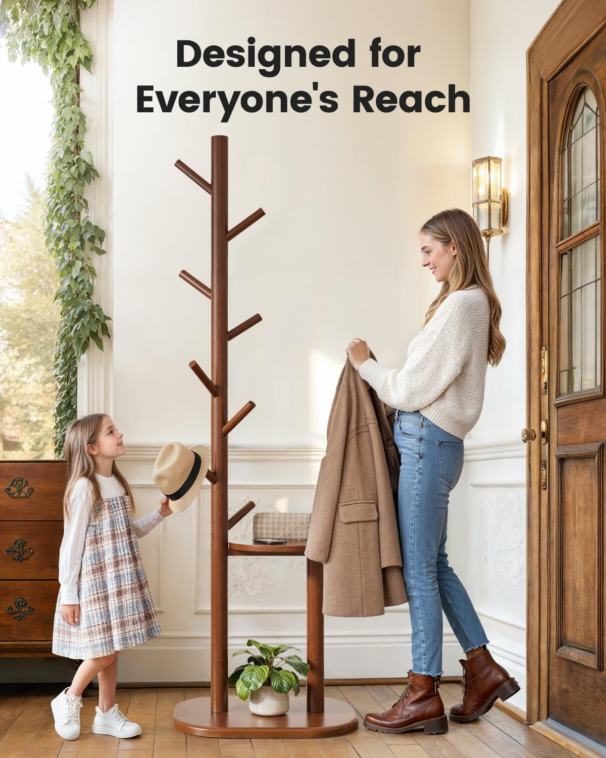 Solid Wood Coat Rack with Shelf and 8 Hooks, 66.3 Inch, Brown
