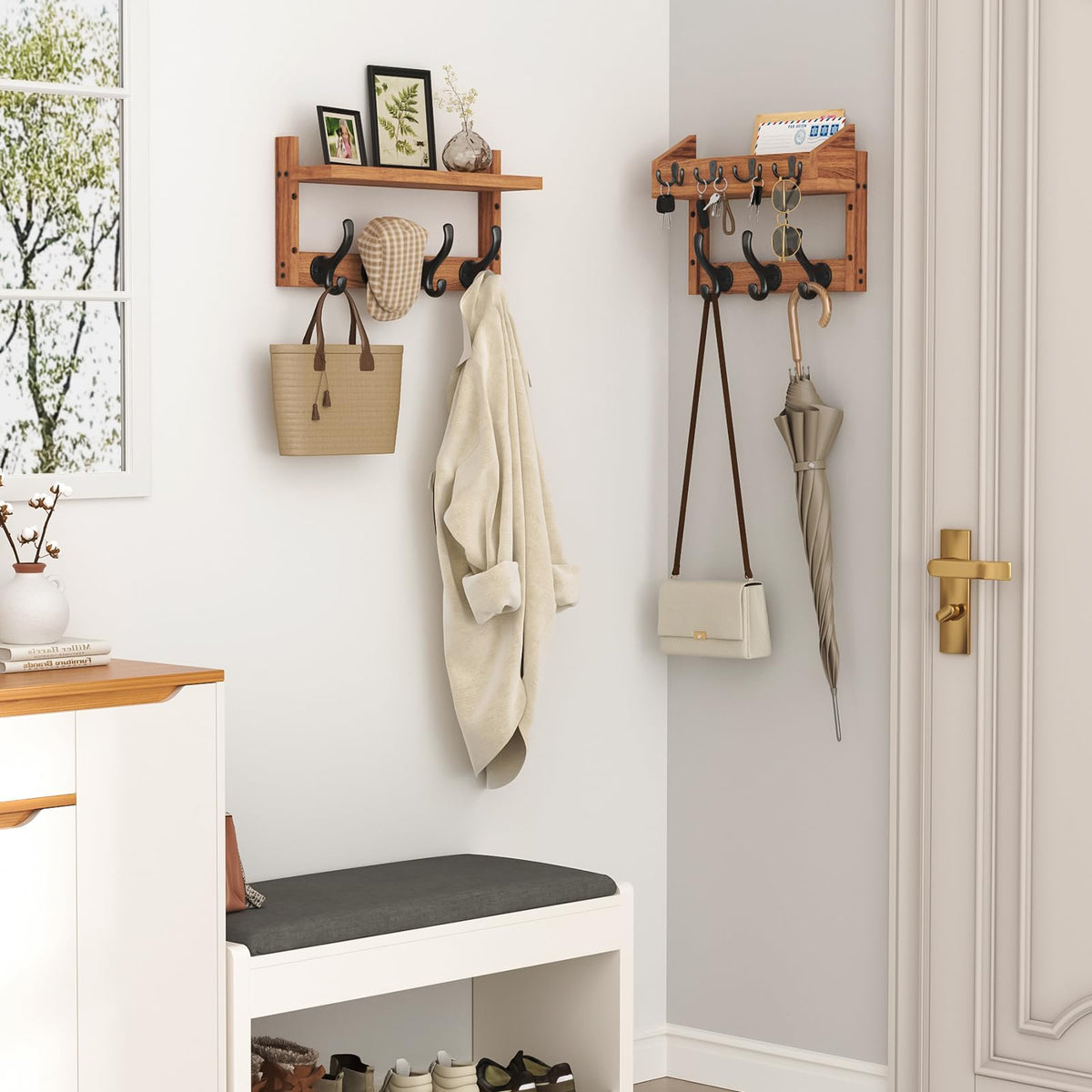 29 Inch Wall Mounted Coat Rack with Shelf and 11 Hooks for Entryway, Brown
