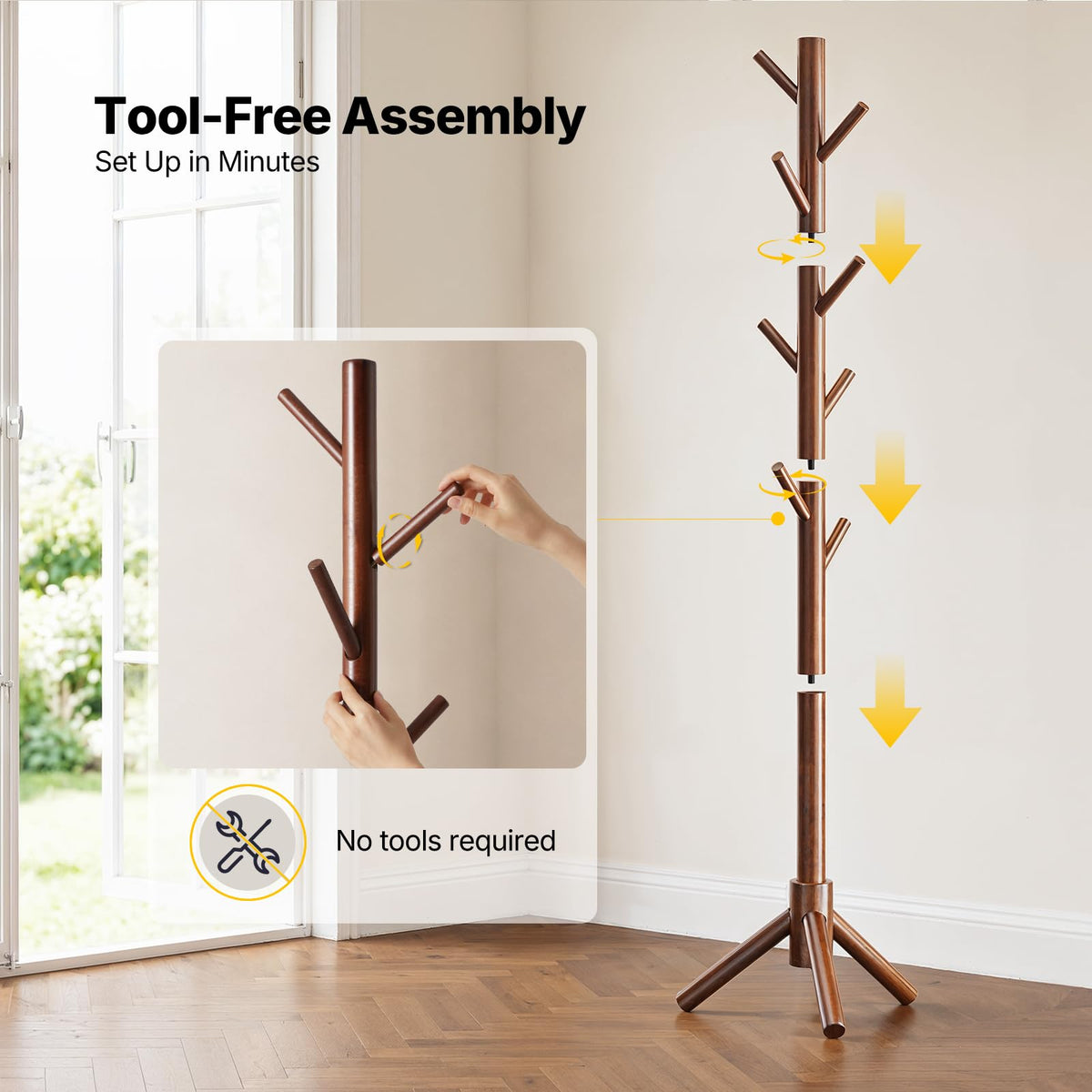 Freestanding Wooden Coat Stand, 8 Hooks, Walnut, Tool Free