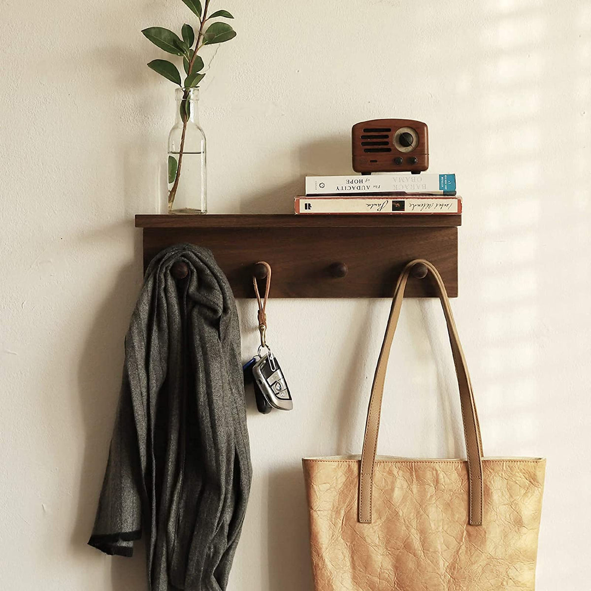 Wooden Wall Hook Rack, Walnut Finish Entryway Coat Hooks