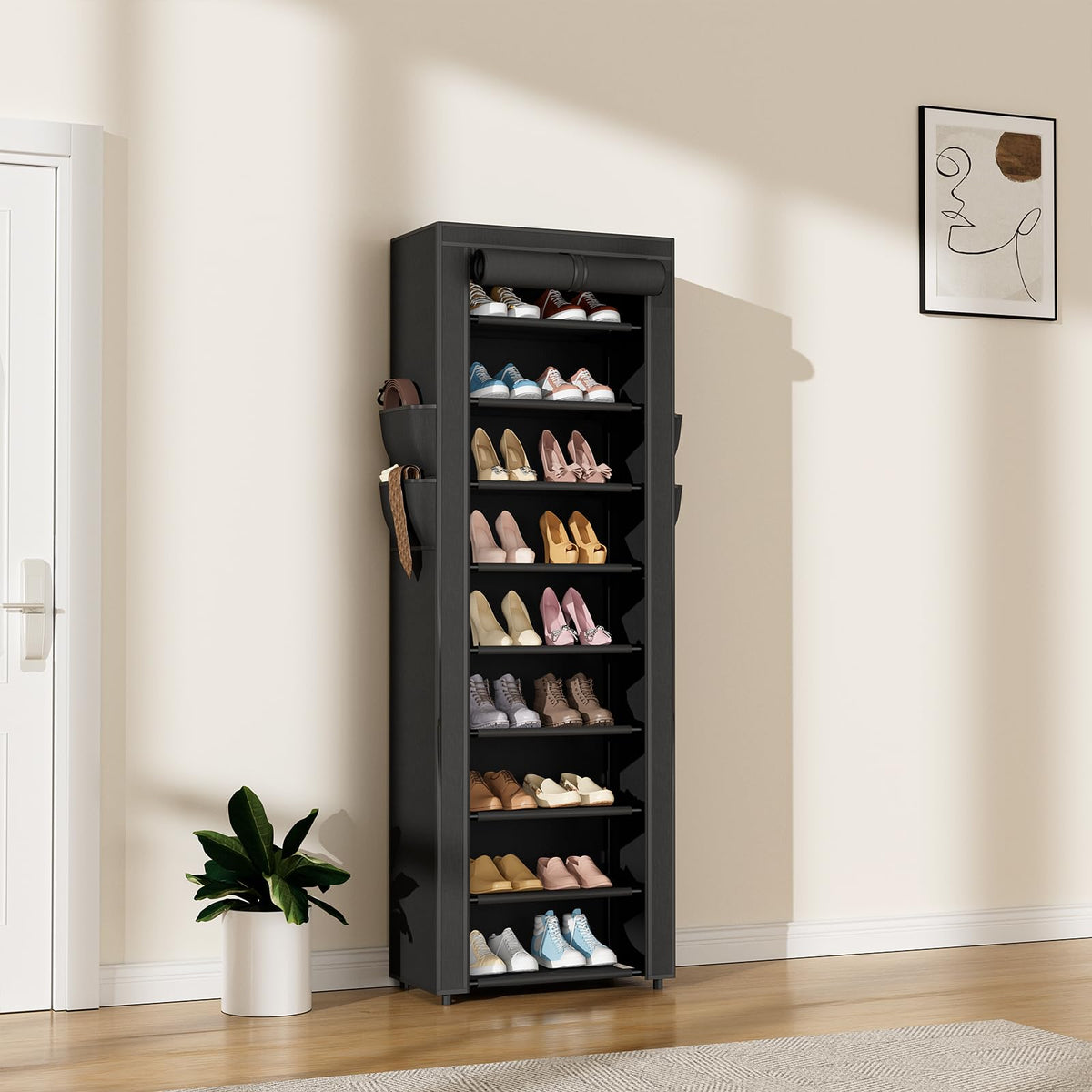 10 Tier Covered Shoe Rack, Holds 18-22 Pairs, Black Metal Frame