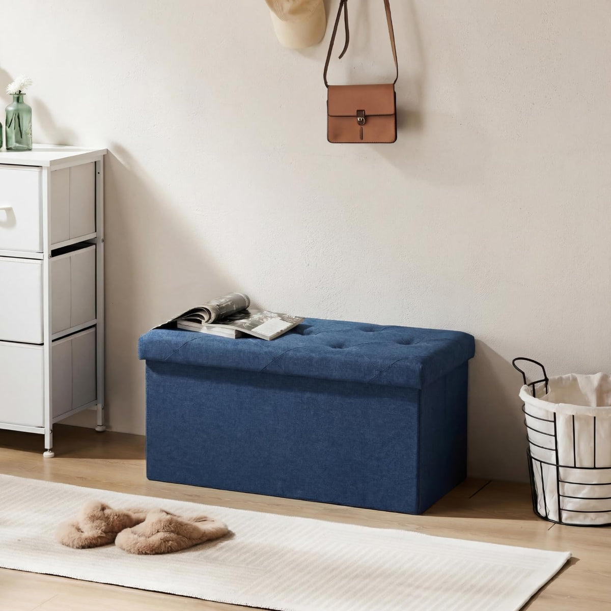 Blue Linen Storage Ottoman Bench, 30 Inch, 24 Gallon with Divider